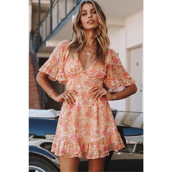 Here comes the Sun lightweight floral flutter sleeve summer dress open back L - Picture 1 of 10